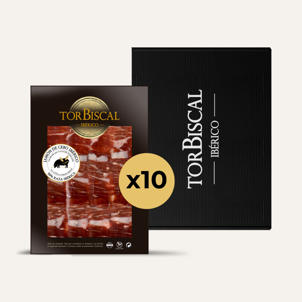 Loncheado a cuchillo Jamón de Cebo Ibérico 50% Raza ibérica. Sobre 100g (10 Sobres).